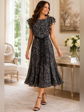 Sandra Darren Paisley Chiffon Dress | Ruffle Sleeves | Tie Waist | Size 12
